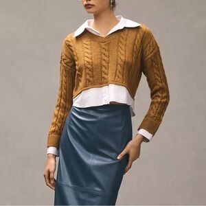 Anthropologie | Pilcro Mustard Cable Knit V-Neck crop Sweater XL